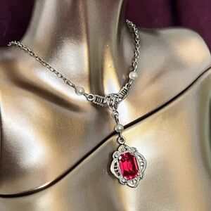 10K Gold 13” Red Stone/Pearl Drop Necklace